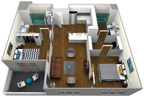 A 3D floor plan of a house with a living room, kitchen, and two bedrooms.